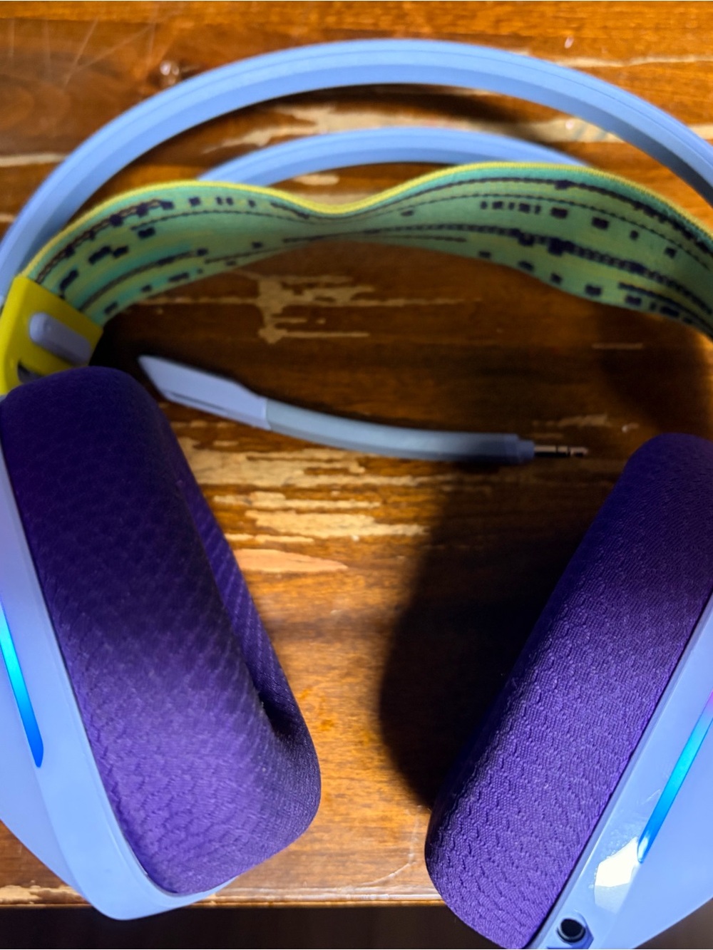 Logitech Purple & Light Blue Gaming Headset with Yellow/Green Headband Accent